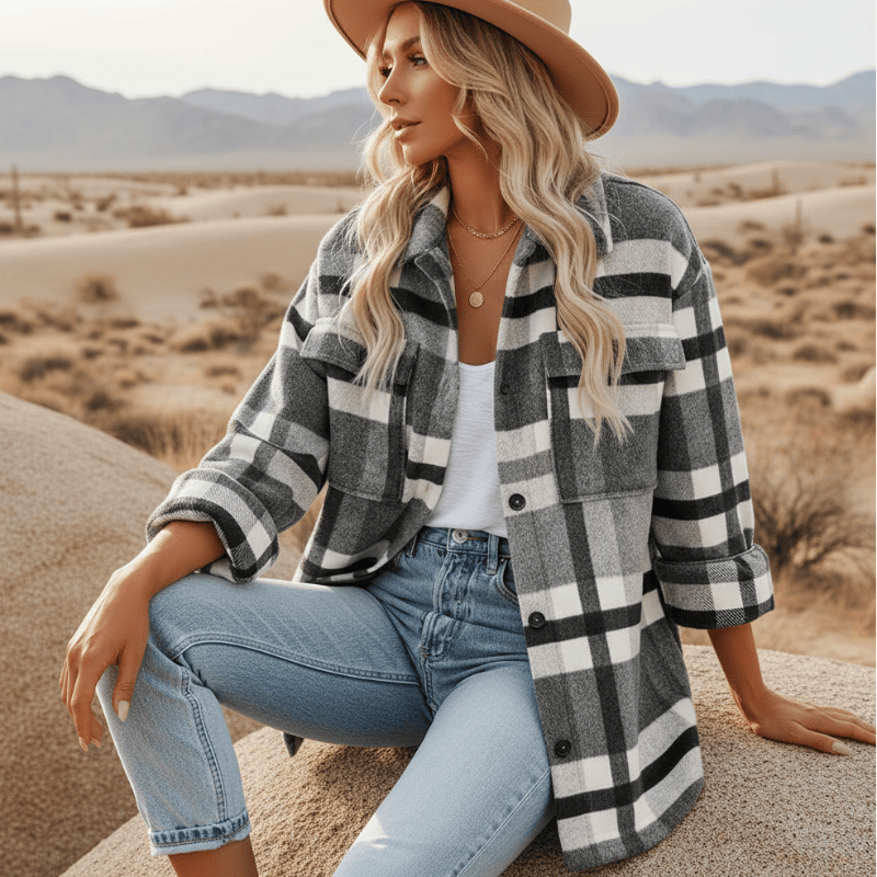 Boho Beach Hut Flannel Plaid Coat, Jacket, Plaid Jacket Bohemian Plaid Flannel Coat Dark Gray / S