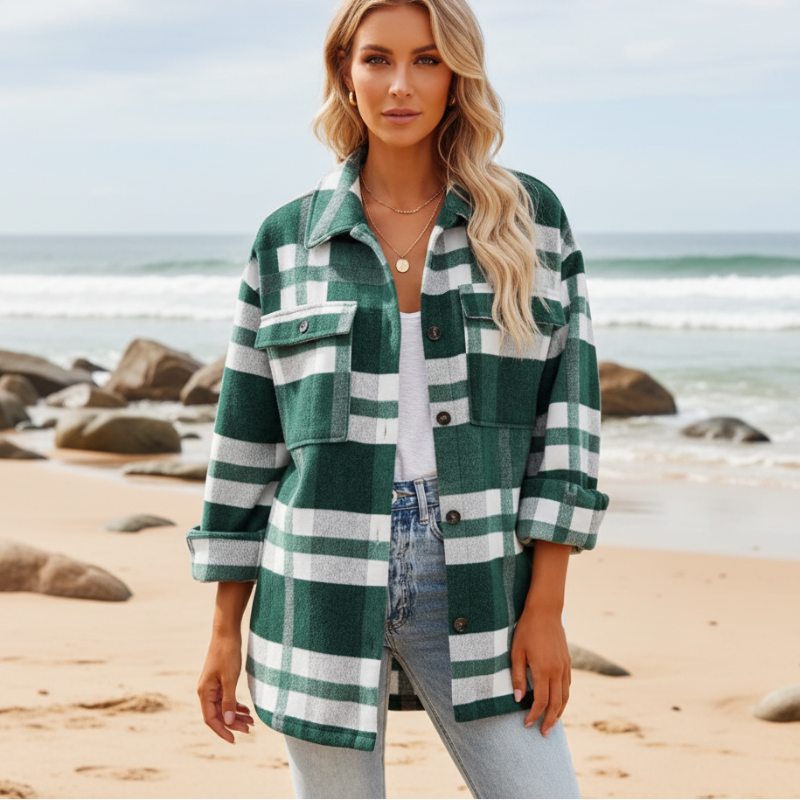 Boho Beach Hut Flannel Plaid Coat, Jacket, Plaid Jacket Bohemian Plaid Flannel Coat Green / S