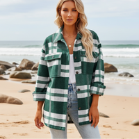 Boho Beach Hut Flannel Plaid Coat, Jacket, Plaid Jacket Bohemian Plaid Flannel Coat Green / S