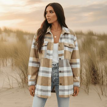 Boho Beach Hut Flannel Plaid Coat, Jacket, Plaid Jacket Bohemian Plaid Flannel Coat Khaki / S