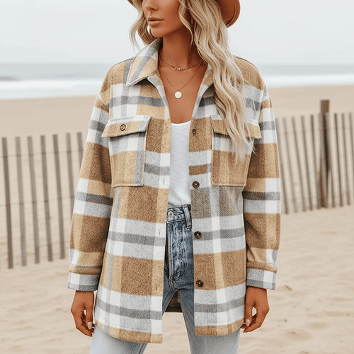 Boho Beach Hut Flannel Plaid Coat, Jacket, Plaid Jacket Bohemian Plaid Flannel Coat Khaki / S