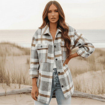 Boho Beach Hut Flannel Plaid Coat, Jacket, Plaid Jacket Bohemian Plaid Flannel Coat Light Gray / S