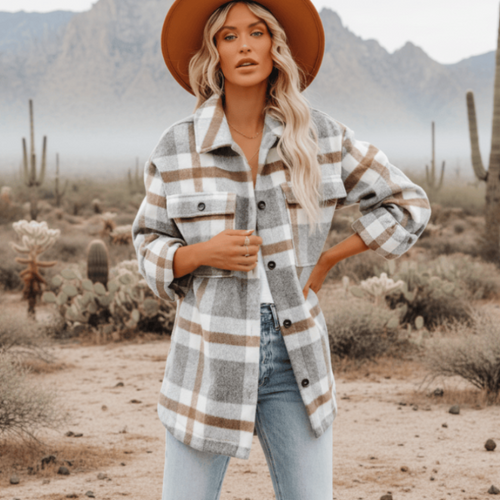 Boho Beach Hut Flannel Plaid Coat, Jacket, Plaid Jacket Bohemian Plaid Flannel Coat Light Gray / S