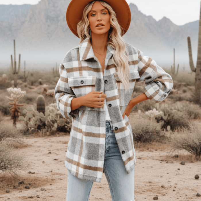 Boho Beach Hut Flannel Plaid Coat, Jacket, Plaid Jacket Bohemian Plaid Flannel Coat Light Gray / S