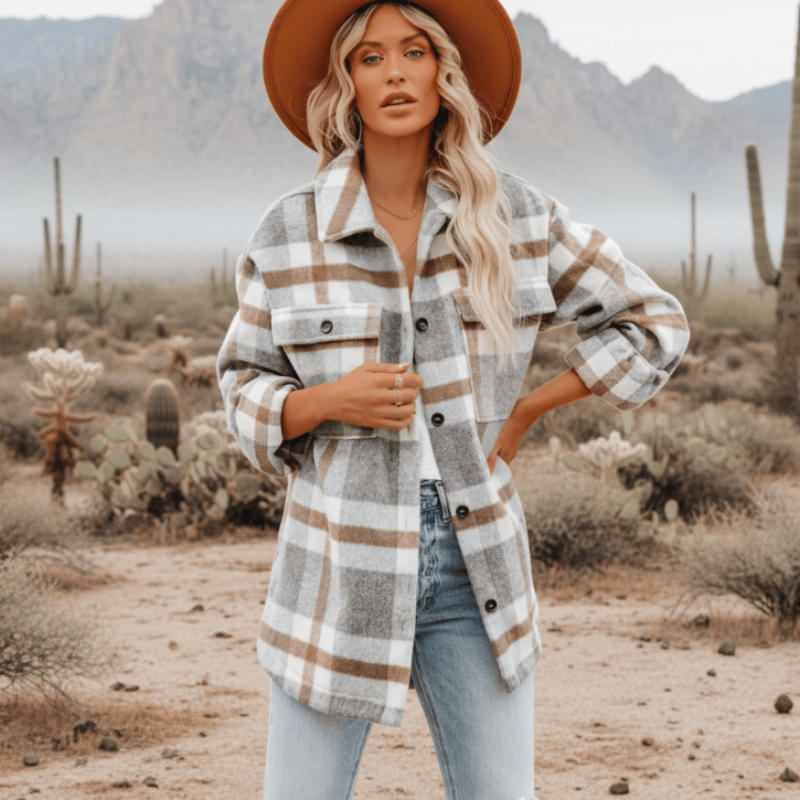 Boho Beach Hut Flannel Plaid Coat, Jacket, Plaid Jacket Bohemian Plaid Flannel Coat Light Gray / S