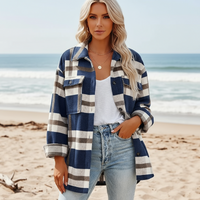 Boho Beach Hut Flannel Plaid Coat, Jacket, Plaid Jacket Bohemian Plaid Flannel Coat Navy Blue / S