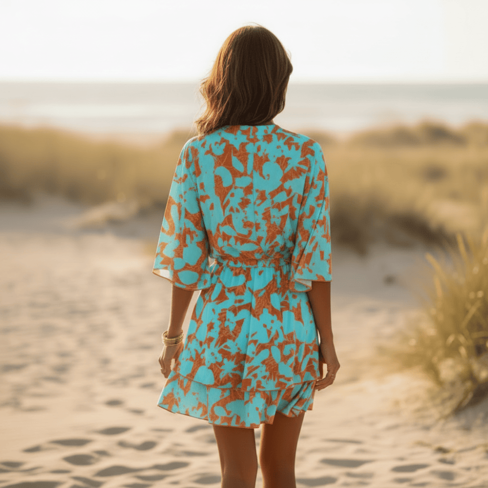 Mini Dress Floral A-Line Boho Sky Blue
