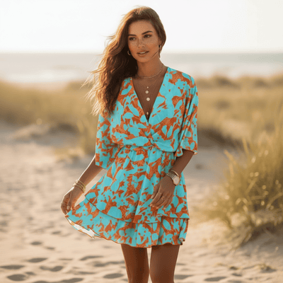 Boho Beach Hut Floral Mini Dress, Chic Dress, Boho Dress, Summer Dress, Mini Dress Boho Blue & Orange Mini Dress Blue / S