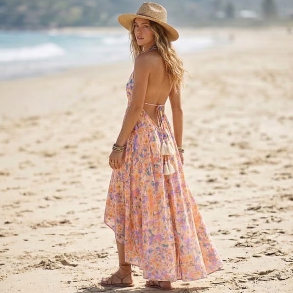 Back view of a floral backless maxi dress with adjustable halter ties, tassel accents, and an asymmetrical high-low skirt.
