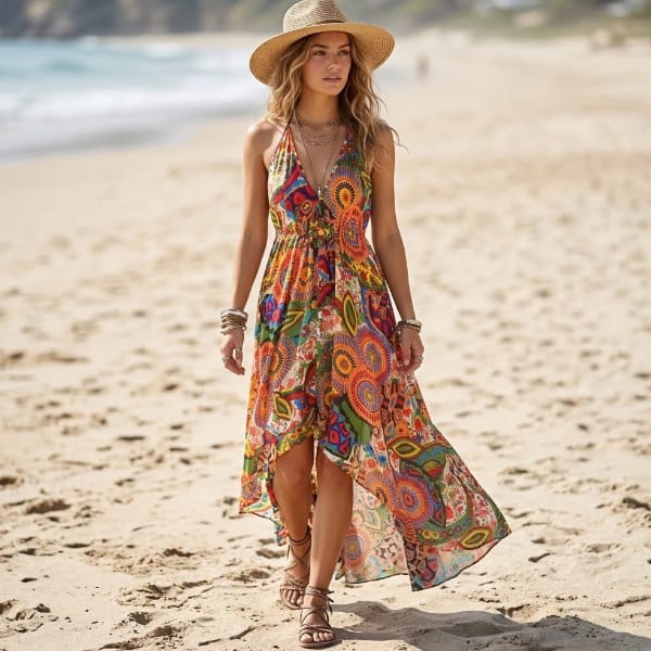 Woman wearing a red floral halter maxi dress with a plunging V-neckline, gathered waist, and flowing high-low hem on the beach.