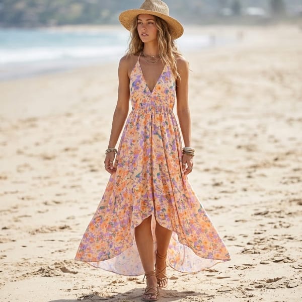 Woman wearing a pink pastel floral halter maxi dress with a plunging V-neckline, gathered waist, and flowing high-low hem on the beach.
