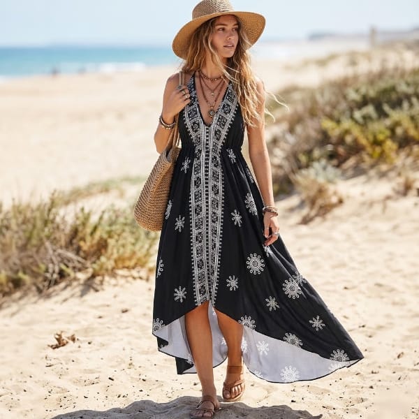 Black floral halter maxi dress featuring a vintage-inspired print, open back, and flowing high-low silhouette.