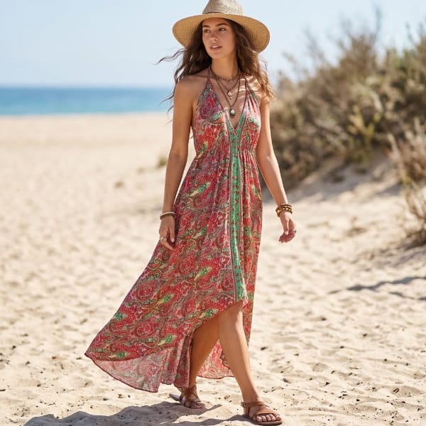 Red vintage floral maxi dress with a deep V-neck halter neckline, gathered waist, and flowing asymmetrical hem.