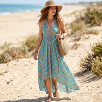 Colorful green boho floral maxi dress with an open-back halter design, adjustable ties, and an asymmetrical flowing skirt.