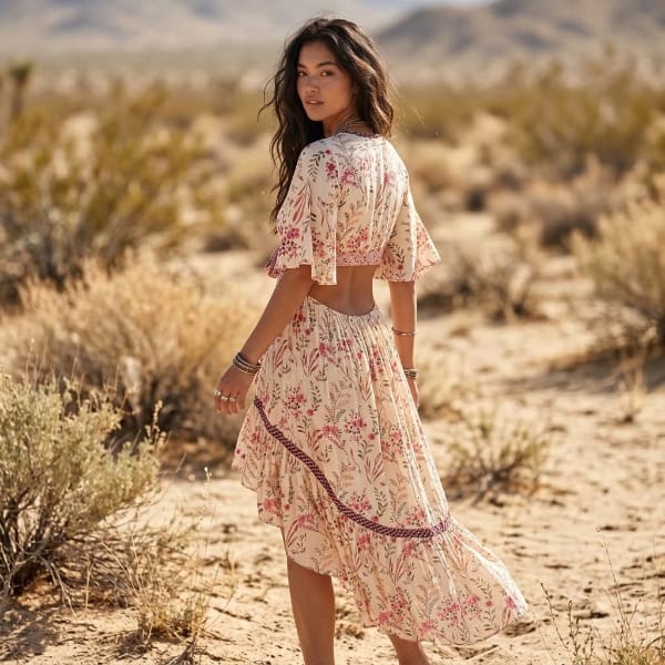 Back view of a beige floral high-low midi dress featuring short flutter sleeves, an open-back cutout, and a flowing ruffled skirt.