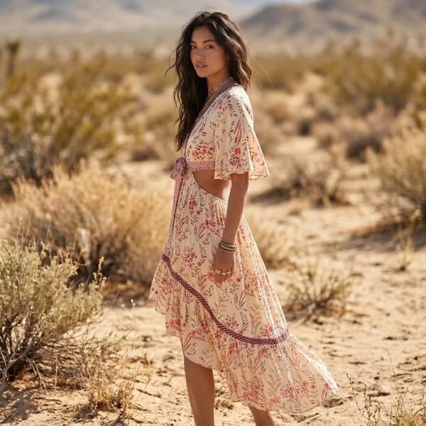 Side view of a beige floral high-low midi dress featuring short flutter sleeves, an open-back cutout, and a flowing ruffled skirt.