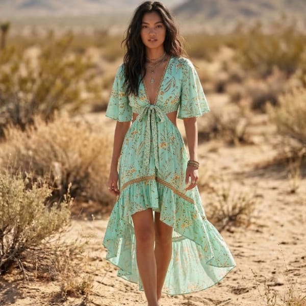 Woman wearing a green floral cutout high-low midi dress with flutter sleeves, V-neckline, front tie, and flowing asymmetrical hem.