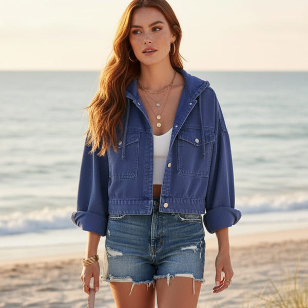 Boho Beach Hut Jackets, Coats Boho Cropped Hooded Denim Jacket Blue / S