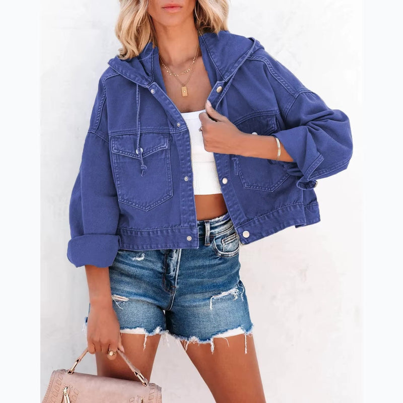 Boho Beach Hut Jackets, Coats Boho Cropped Hooded Denim Jacket Blue / S