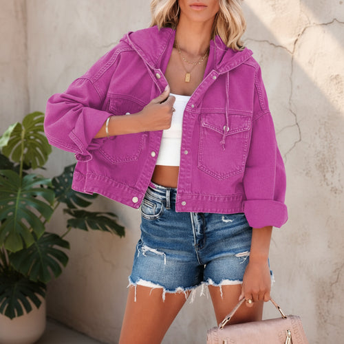 Boho Beach Hut Jackets, Coats Boho Cropped Hooded Denim Jacket Pink / S