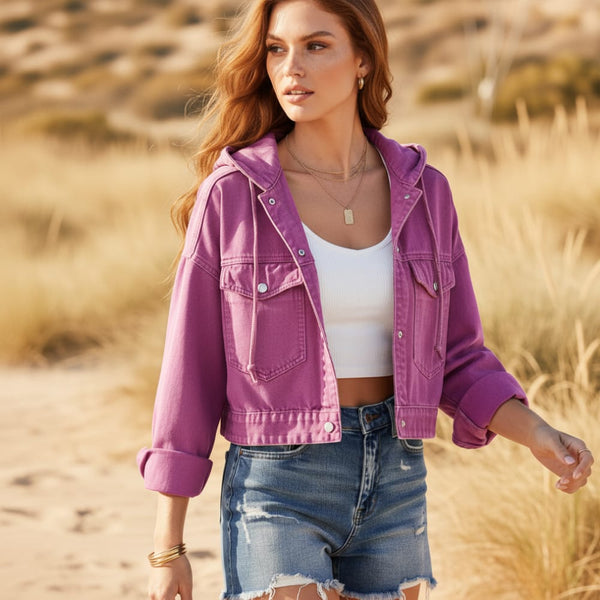 Boho Beach Hut Jackets, Coats Boho Cropped Hooded Denim Jacket Pink / S