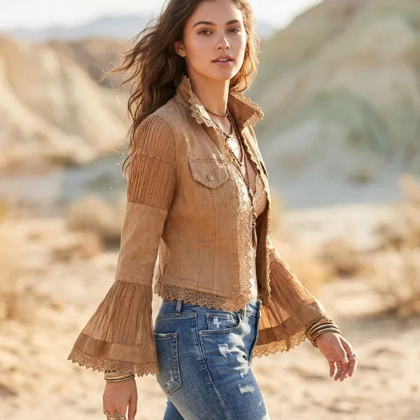 Boho Beach Hut Jackets, Coats Boho Vintage Lace Trim Cropped Western Jacket
