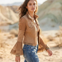 Boho Beach Hut Jackets, Coats Boho Vintage Lace Trim Cropped Western Jacket