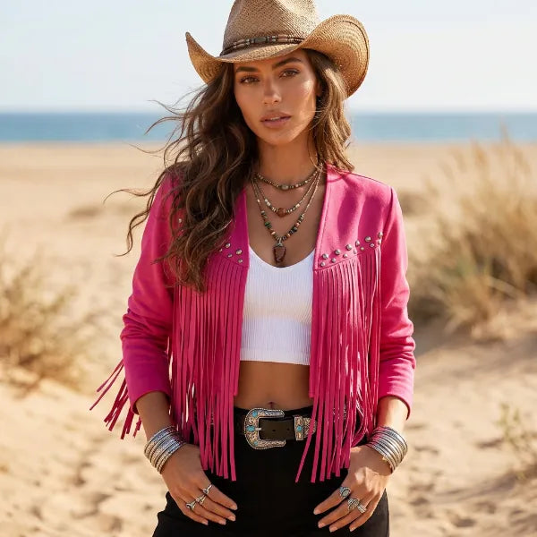 Boho Beach Hut Jackets, Coats Boho Western Cropped Fringe Jacket with Studs Hot Pink / S