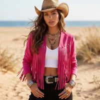 Boho Beach Hut Jackets, Coats Boho Western Cropped Fringe Jacket with Studs Hot Pink / S