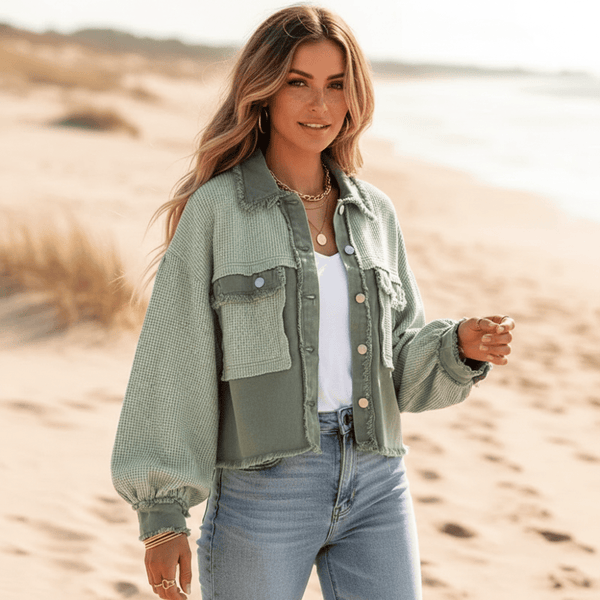 Boho Beach Hut Jackets, Coats Distressed Frayed Boho Jacket Green / S