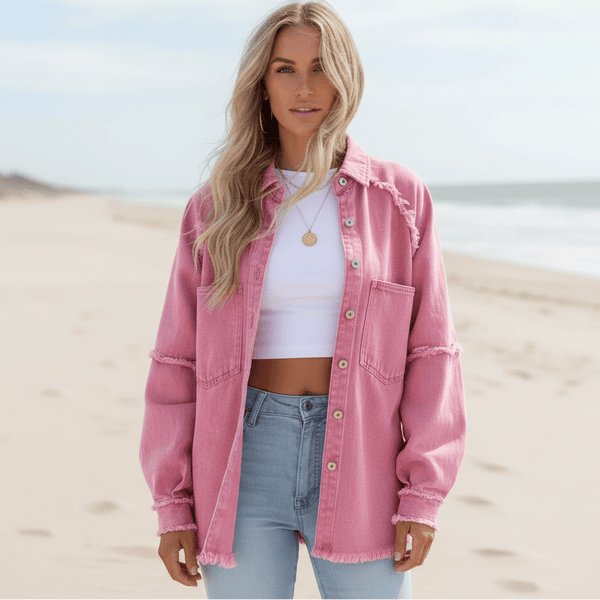 Boho Beach Hut Jackets, Denim Jackets Colorful Boho Denim Jacket Pink / S