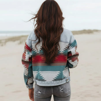 Boho Beach Hut Jackets, Denim Jackets, Geometric Print Jacket Boho Denim Jacket