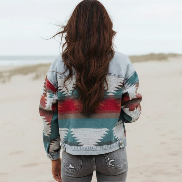 Boho Beach Hut Jackets, Denim Jackets, Geometric Print Jacket Boho Denim Jacket