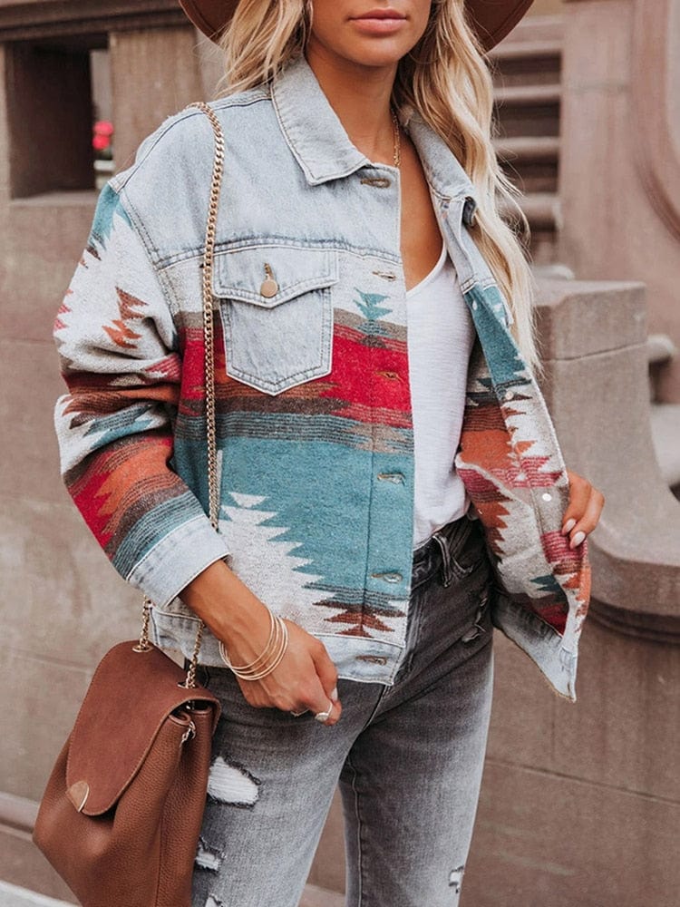 Boho Beach Hut Jackets, Denim Jackets, Geometric Print Jacket Boho Denim Jacket