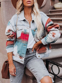 Boho Beach Hut Jackets, Denim Jackets, Geometric Print Jacket Boho Denim Jacket Blue / S