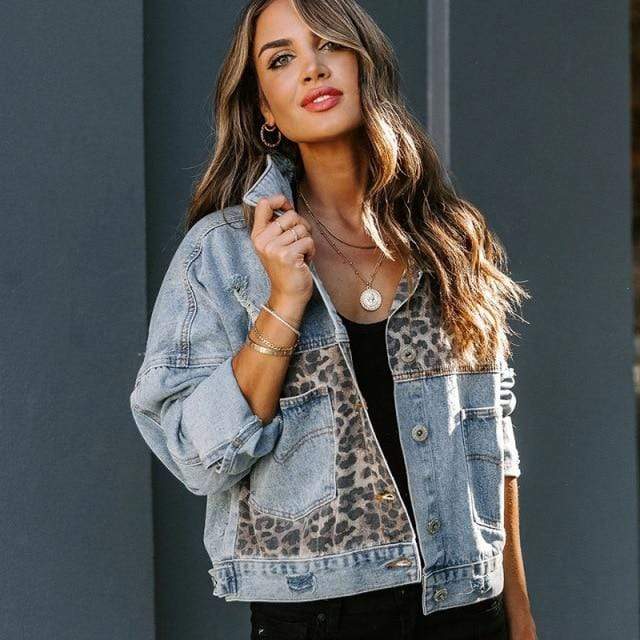 Boho Beach Hut Jackets, Denim Jackets, Leopard Print Jacket Bohemian Long Sleeve Leopard Print Denim Jacket Light Blue / S