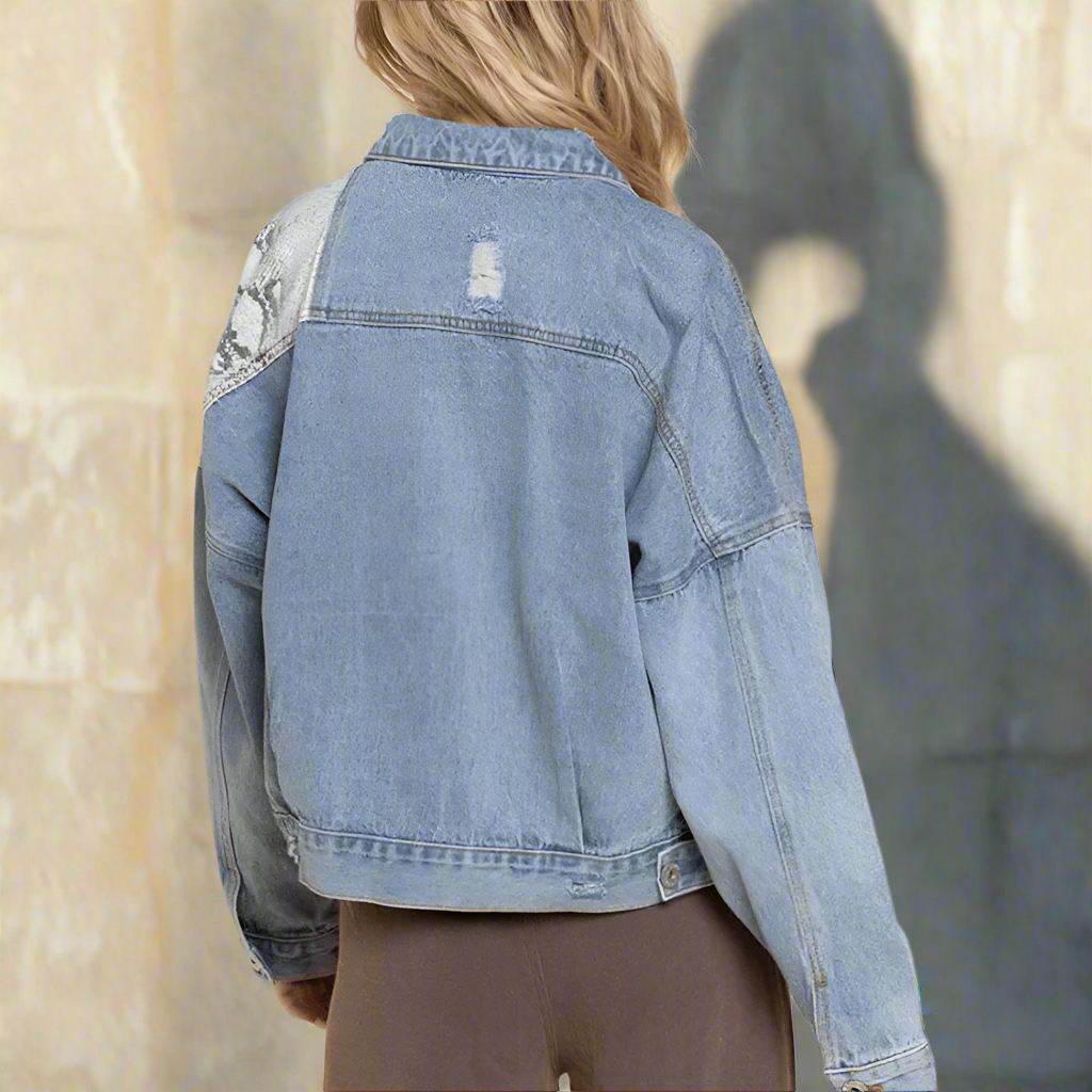 Boho Beach Hut Jackets, Denim Jackets, Snake Print Jacket, Patchwork Boho Snake Print Denim Jacket