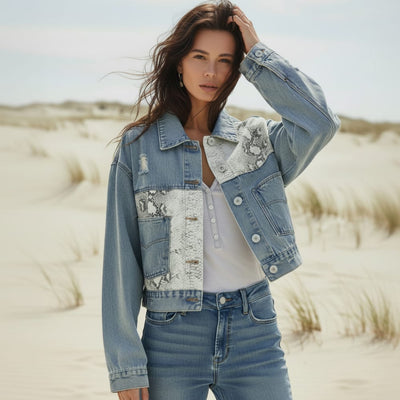 Boho Beach Hut Jackets, Denim Jackets, Snake Print Jacket, Patchwork Boho Snake Print Denim Jacket Blue / S