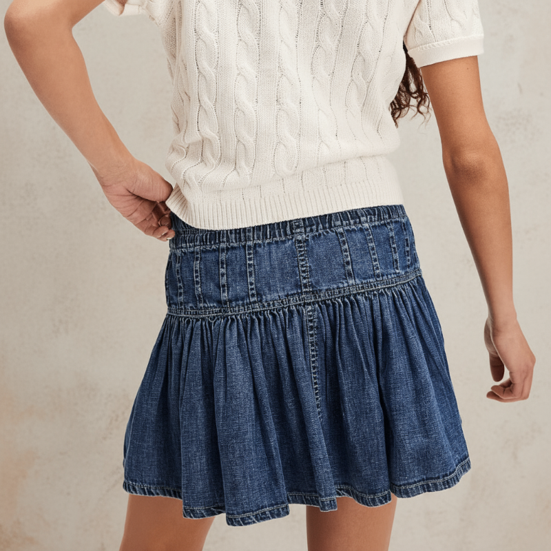 Boho Beach Hut Jean Skirt, Mini Skirt, Denim Mini Skirt Retro Pleated Denim Mini Skirt