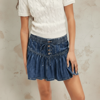 Boho Beach Hut Jean Skirt, Mini Skirt, Denim Mini Skirt Retro Pleated Denim Mini Skirt Dark Blue / S