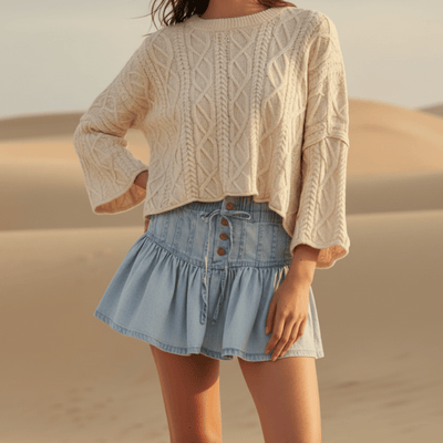 Boho Beach Hut Jean Skirt, Mini Skirt, Denim Mini Skirt Retro Pleated Denim Mini Skirt Light Blue / S