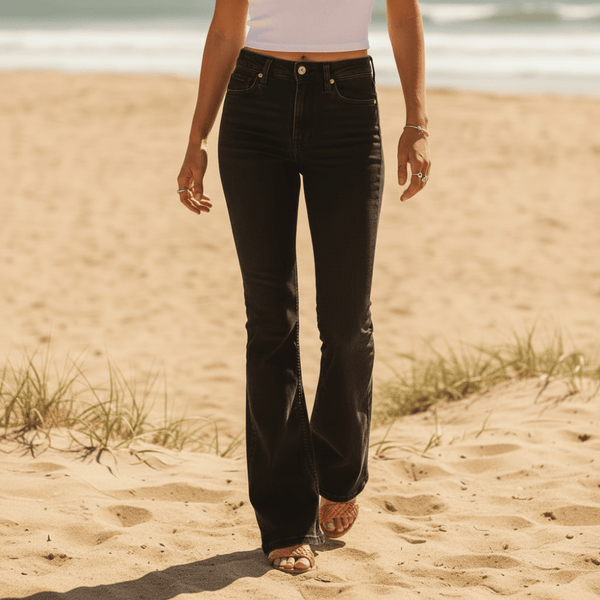 Boho Beach Hut Jeans, Denim Jeans, Pants Denim Flare Leg Boyfriend Jeans Black / S