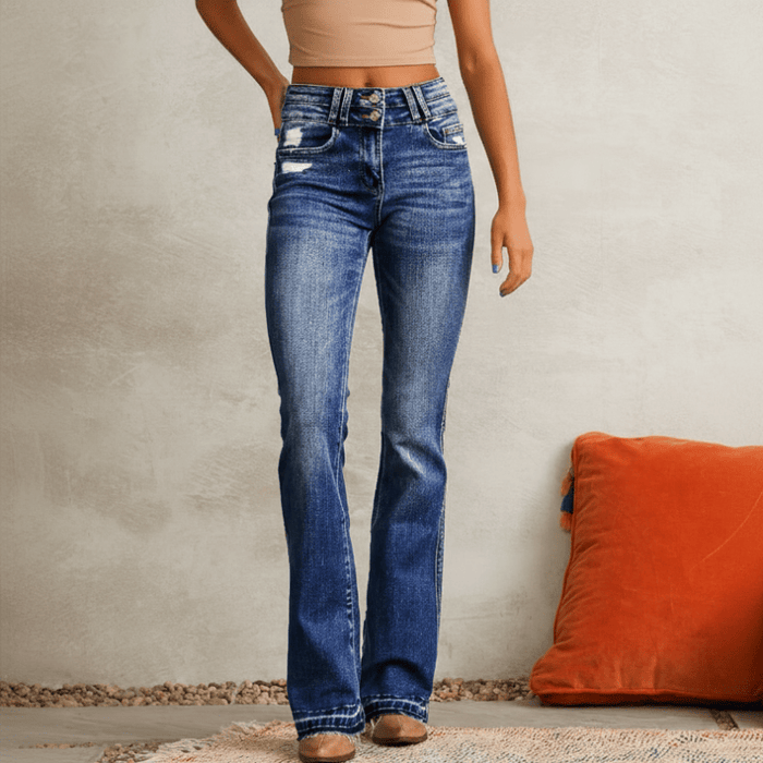 Boho Beach Hut Jeans, Denim Jeans, Pants Vintage Bootcut Ripped Jeans Dark Blue / S