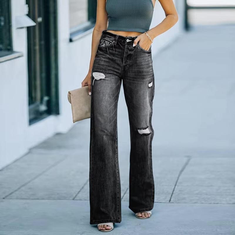 Boho Beach Hut Jeans, Pants, Denim Jeans, Boyfriend Jeans, Distressed Jeans Wide Leg Ripped Jeans Black / S