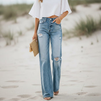 Boho Beach Hut Jeans, Pants, Denim Jeans, Boyfriend Jeans, Distressed Jeans Wide Leg Ripped Jeans Blue / S
