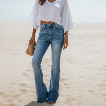 Boho Beach Hut Jeans, Pants, Denim Jeans, Boyfriend Jeans, Flare Leg Jeans Blue / S High Waist Flare Leg Denim Jeans