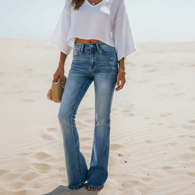 Boho Beach Hut Jeans, Pants, Denim Jeans, Boyfriend Jeans, Flare Leg Jeans Blue / S High Waist Flare Leg Denim Jeans