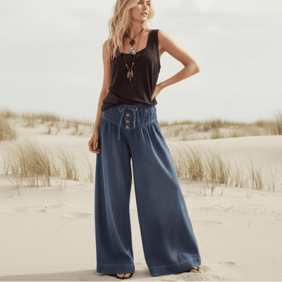 Boho Beach Hut Jeans, Pants, Denim Jeans, Palozzo Jeans Boho Full Length Palazzo Jeans Dark Blue / S