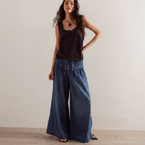 Boho Beach Hut Jeans, Pants, Denim Jeans, Palozzo Jeans Boho Full Length Palazzo Jeans Dark Blue / S