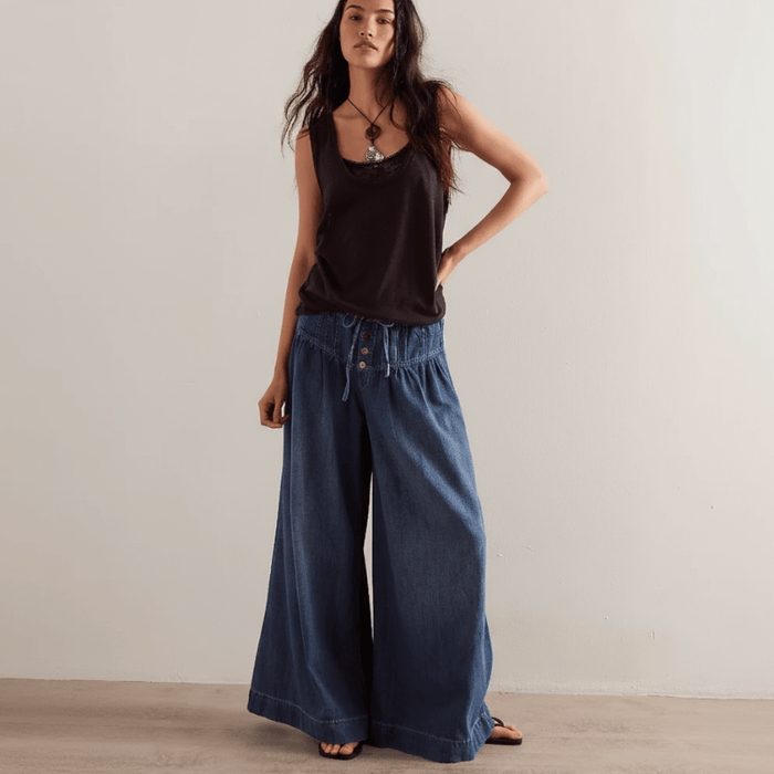 Boho Beach Hut Jeans, Pants, Denim Jeans, Palozzo Jeans Boho Full Length Palazzo Jeans Dark Blue / S
